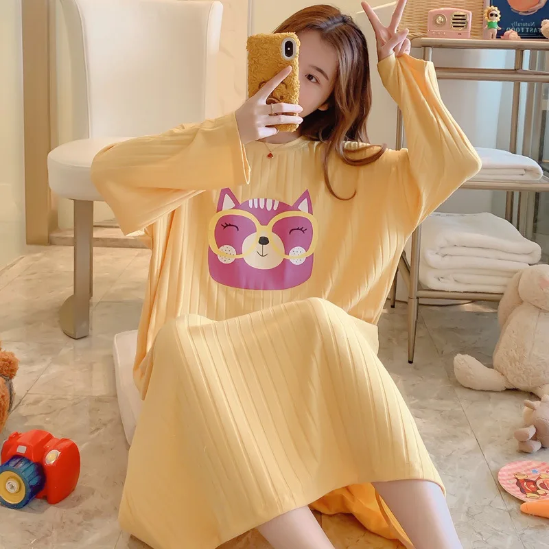 

New Style Nightgown Women's Spring Pajamas Solid Color Cotton Long Sleeve Sunken Stripe Korean-style INS Loose-Fit Long Dress Ho