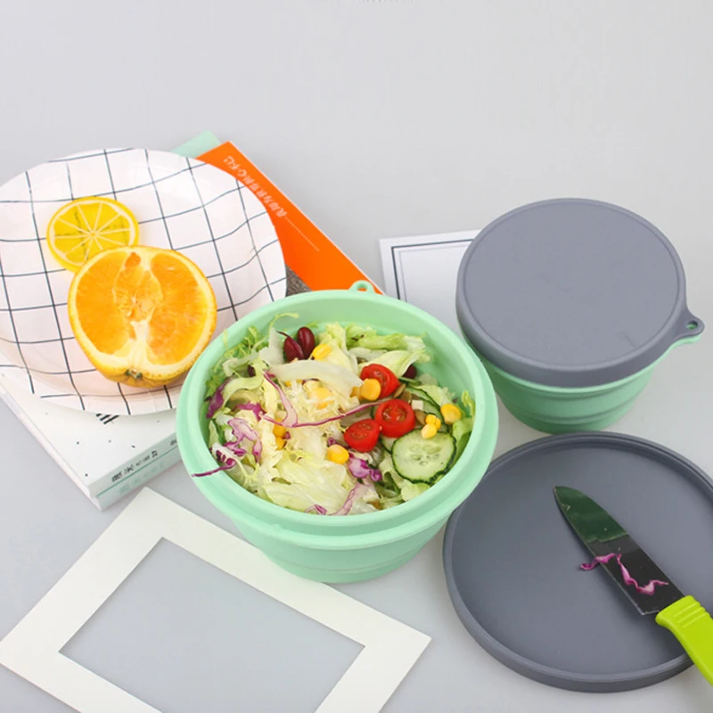 New Folding Collapsible Silicone Bowl with Lid 500ML Expandable Food Storage Containers