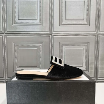 

best sale 2020 luxury brands Genuine Leather velvet crystal diamond Female flat slippers size 34-40