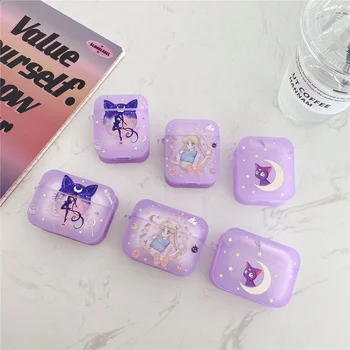 

Anime Sailor Moon Carabiner TPU Case For Airpods 1 2 Pro Accessories Luna cat Square Wireless Earphone Protective Cover