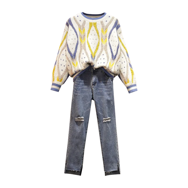 

Women Couture Garment Pullover Sweater Top Denim Pants Two-Piece Clothing Set Casual Suits Leisure Clothes Trousers Big Size