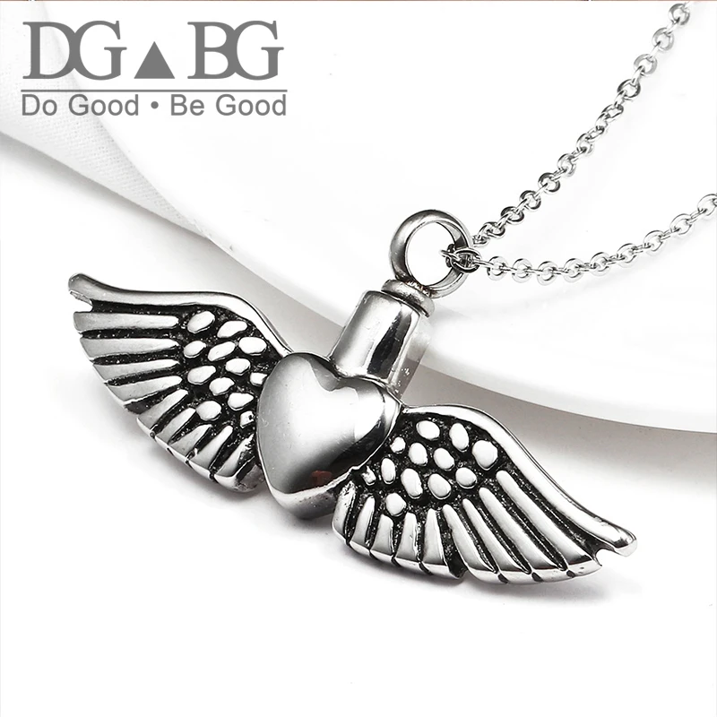

Urns Pet Ashes Angel'S Wings Pendant Heart Of Feathers Necklace Mini Funeral Urn Stainless Steel Perfume Essential Oil Bottle