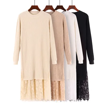

Woman Midi Knitted Dresses Women Long Sleeve Lace Hem Sweater Dress Women Casual Straight Solid Autumn Winter Dress Robe Femme