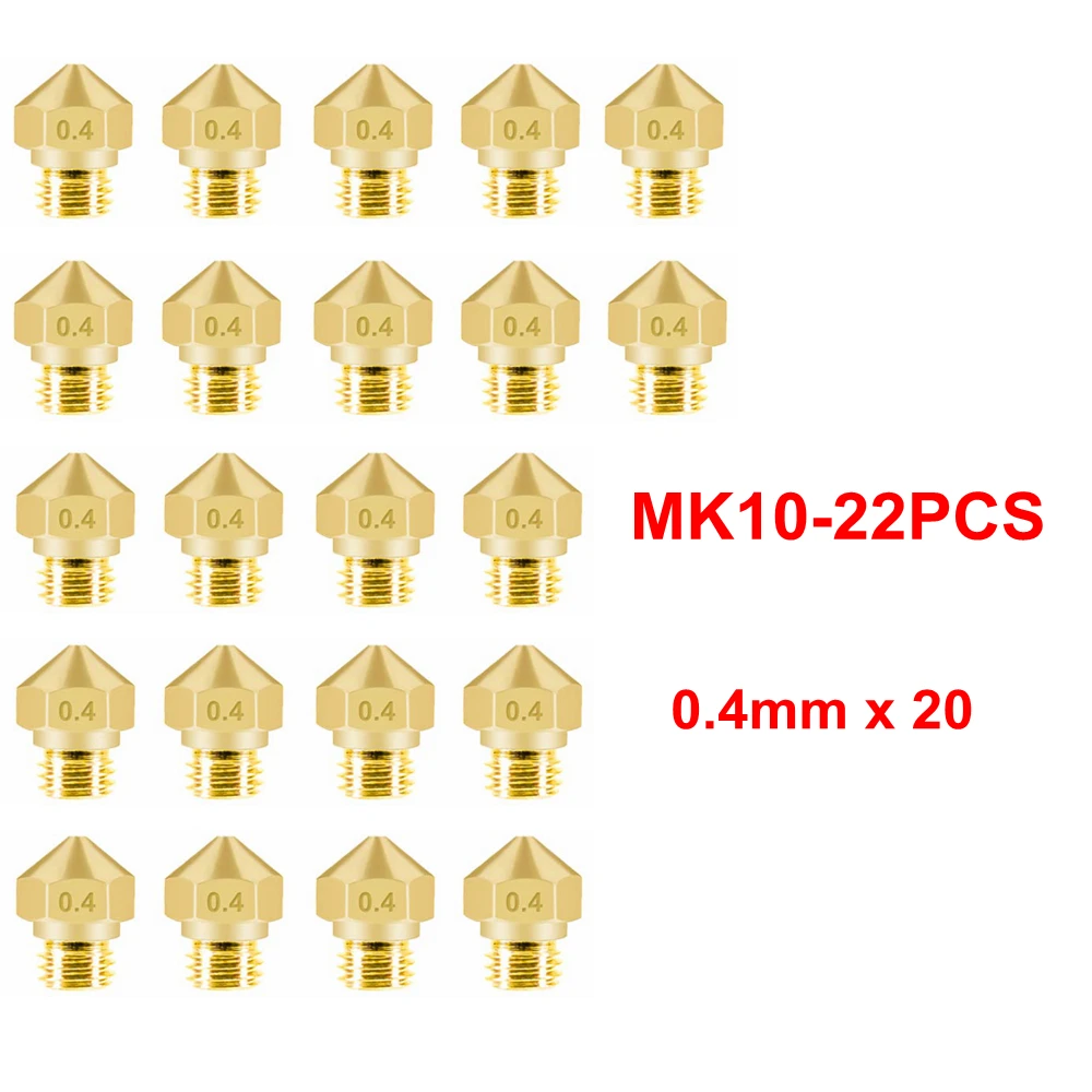 22PCS MK8 V6 MK10 Metal Brass Nozzle 0.4mm 3D Printer CR 10 Nozzle for 1.75mm 3D Printer Makerbot Creality CR-10 