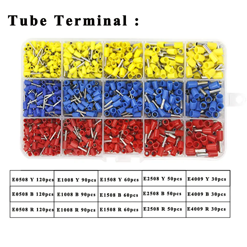 1050 шт./лот труба изоляционные терминалы E0508 E1008 E1508 E2508 E4009 для 0,5/1,0/1,5/2,5/4mm2 провода обжимных клемм соединитель