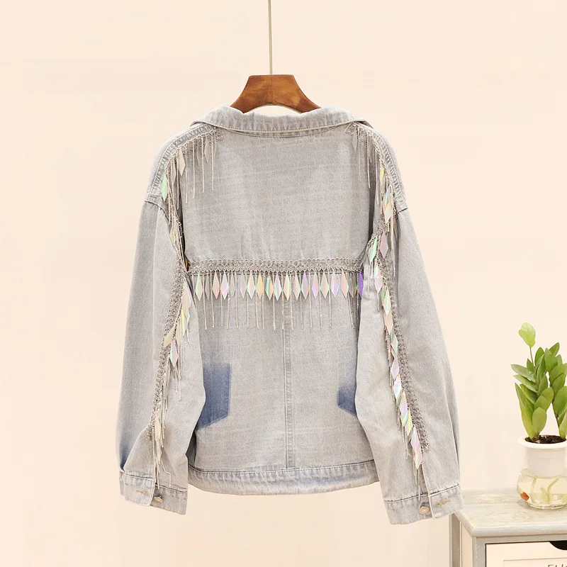 

2019 autumn new heavy work old wash water tassel chain rhinestone loose denim jacket