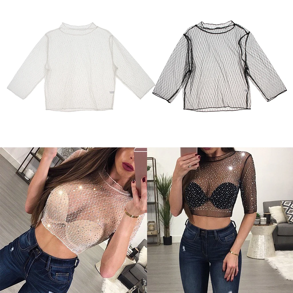 Women Girls Hollow Out Short Sleeve Shiny Rhinestones Sheer Mesh Crop Tops Blouse