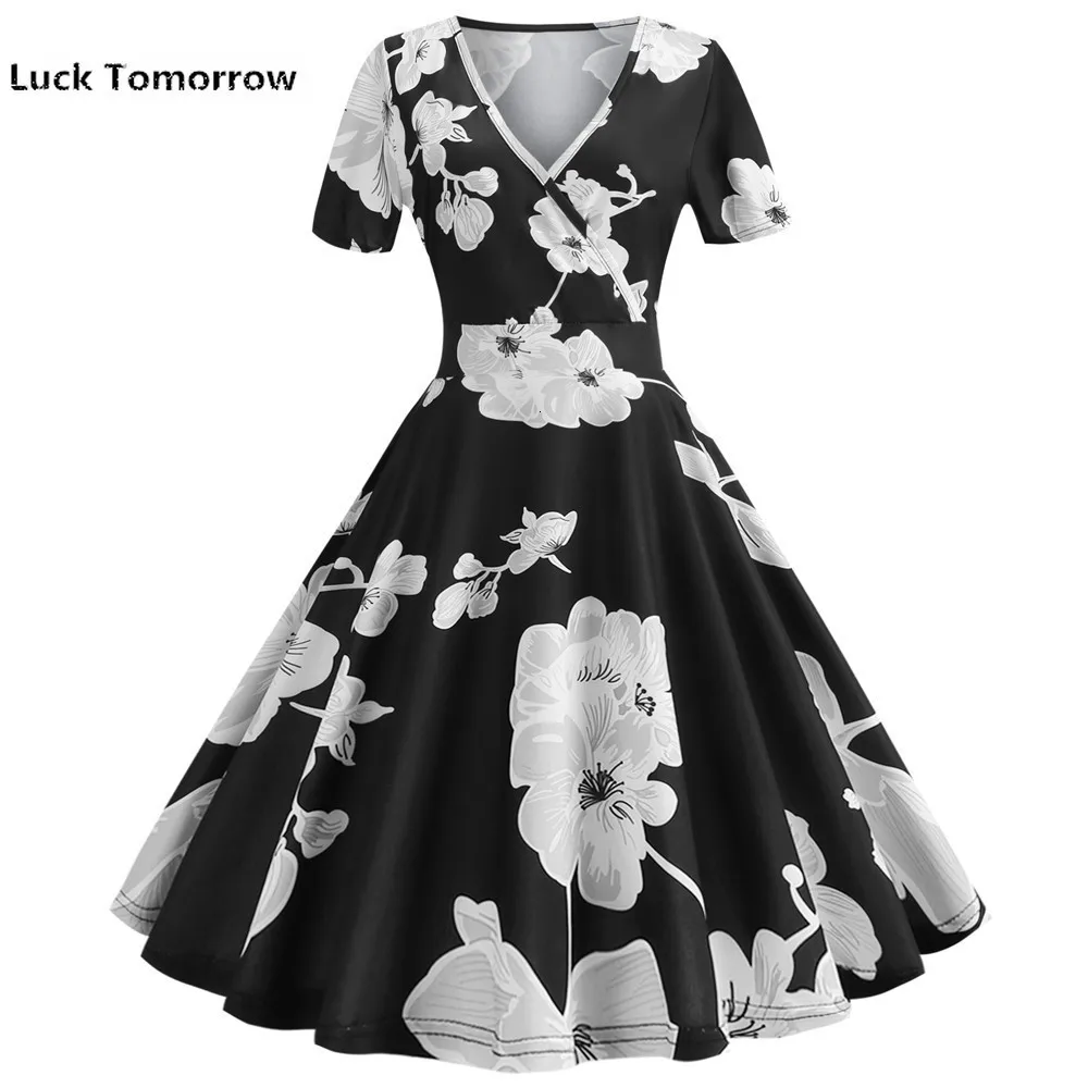 

2019 Short Sleeve V-neck Casual A-line Midi Dress Robe Femme Rockabilly Vestidos Plus Size Elegant Vintage Women's Summer Dress