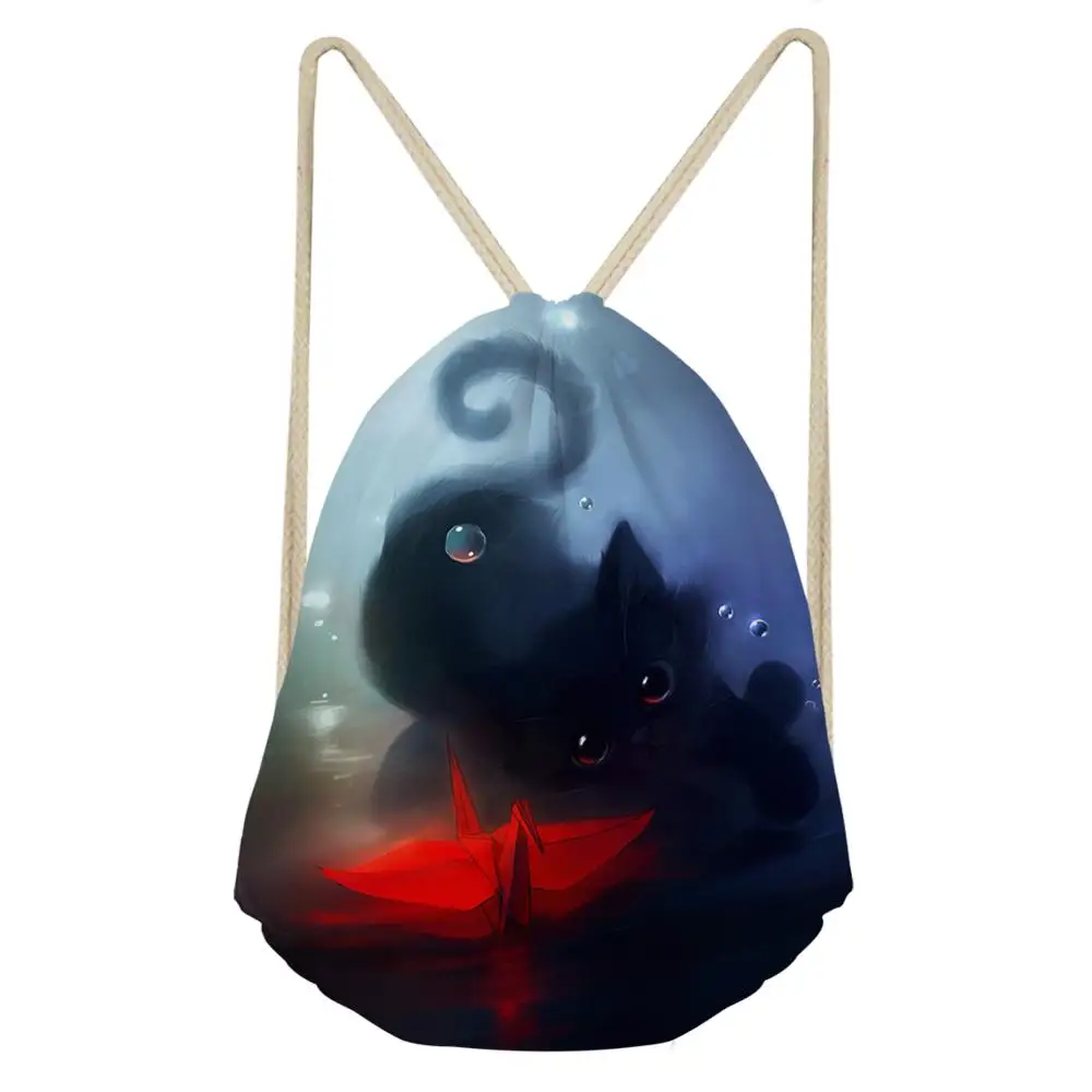 

HaoYun Women's Mini Drawstring Backpack Fantasy Black Cats Pattern Beach Shoes Pockets Kawaii Animal Girls Travel Organizer Bags