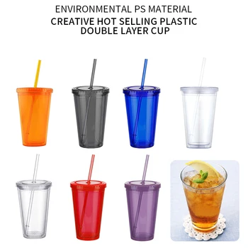 

Double-walled Ice Cold Drink Coffee Juice Tea Cup Reusable Smoothie Plastic Iced Tumbler Travel Mug With Straw