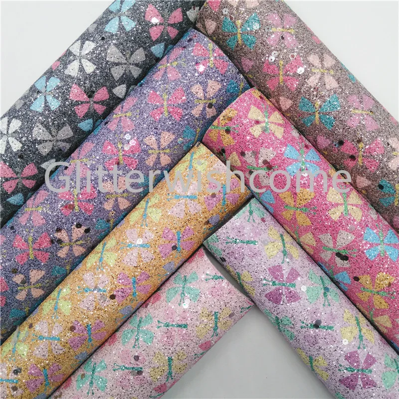Glitterwishcome 21X29CM A4 Size Butterfly Printed Glitter Fabric Leather, Faux PU Leather fabric Vinyl for Bows, GM602A