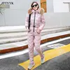 JTTYYK New Winter Women's Hooded Jumpsuits Parka Cotton Padded Warm Sashes Ski Suit Straight Zipper One Piece Casual Tracksuits ► Photo 3/6
