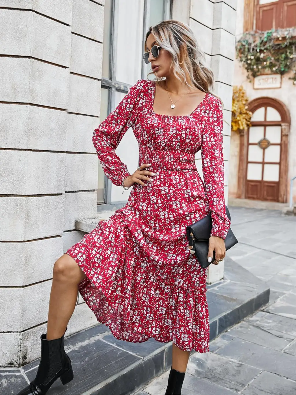 Chifirena Elegant Party Mid-Length Vintage Autumn Dress Women Square Collar Floral Print Ruffles Casual Dresses Minie Vestidos