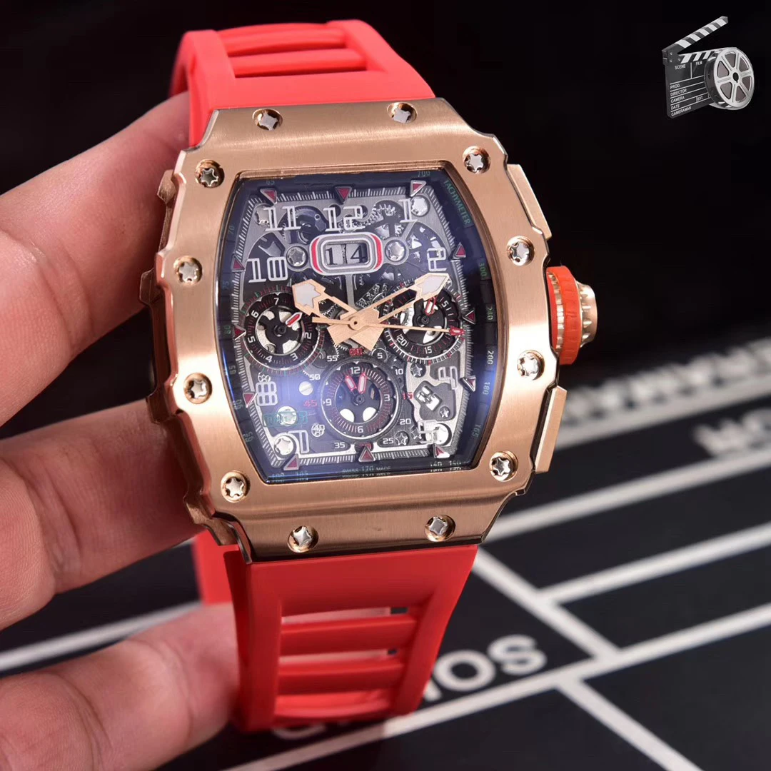 

Famous Brand New Black Red Rubber Men Stainless Steel Watch Sapphire Automatic Mechanical Tourbillion Calendar Glass Sport AAA+
