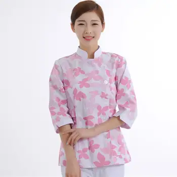 

2019 New Leaf Print Medical Scrubs Women Medical Clothing Tops in Cotton Nursing Work Uniform Dental Hospital Uniforms Shirt