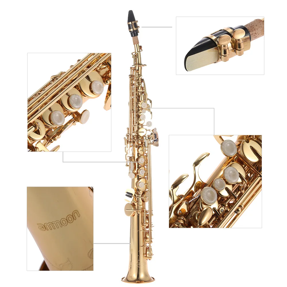 Saxophone Musical Instrument Brass Straight Soprano Bb BFlat Woodwind Natural Shell Key Carve Pattern Carrying Case Sax Accessories