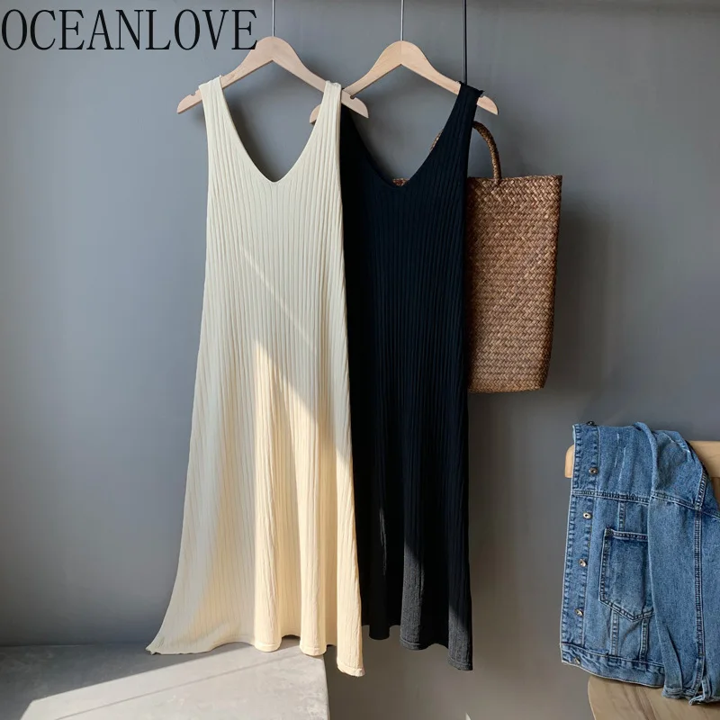 

OCEANLOVE Knitted Solid Long Dresses V Neck Korean Vintage 2020 Summer Dresses All Match Chic Basic Fashion Vestidos 16080