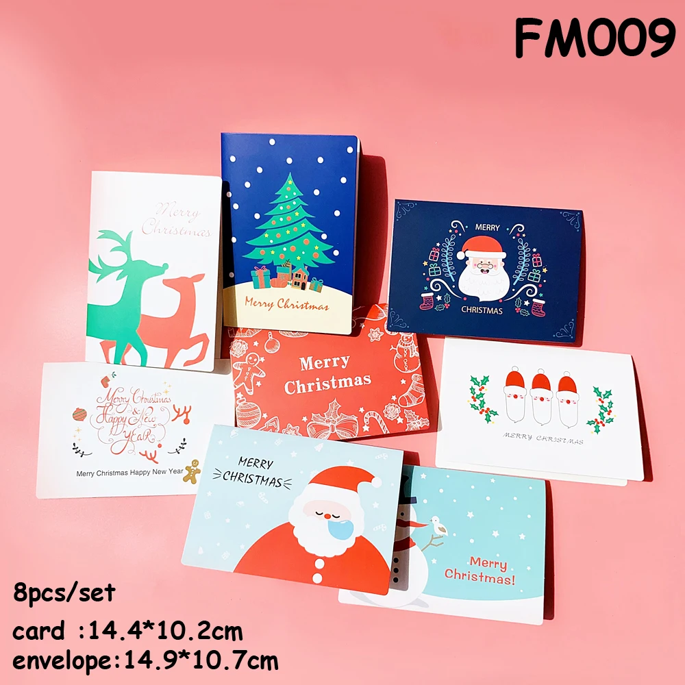 FM009 8+ 8 Набор конвертов Мультфильм рождественские поздравительные открытки небольшой Санта Клаус олень, Лось открытка merry christmas Подарки на год карты - Цвет: FM009