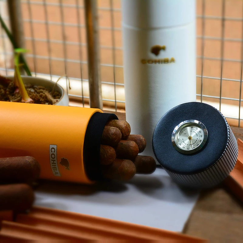 COHIBA Кожаный Портсигар дерево кедра с подкладкой трубка портативный контейнер путешествия мини-коробка с увлажнителем внутри с длинным увлажнителем гигрометр