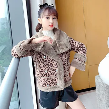 

Children Winter Coat Teenage Girl Long Sleeve Thicken Velvet Leopard Jacket Fashion Kids Plush Casual Warmth Outerwear Clothes