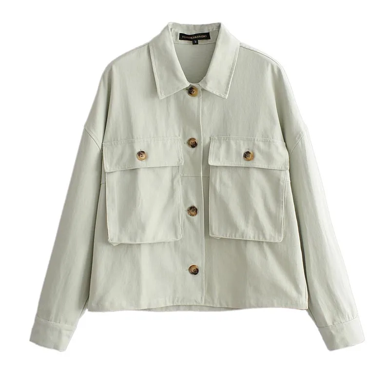 

WT469 Autumn Women New Design Double Pockets Turn Down Collar Shirts Pattern Jacket Brief Outwear