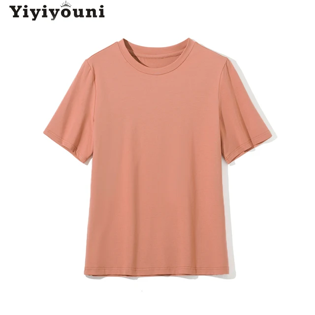 Yiyiyouni Solid Casual Basic T shirt Women Summer Short Sleeve Cotton Tee Shirt Women O Neck