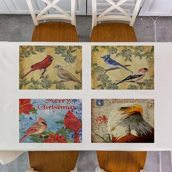 

Retro animals flowers and birds waterproof Cotton Linen Kitchen Placemat Dining Table Mat Coaster Pads Cup Mats Home Decor