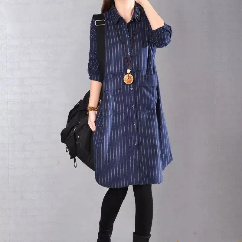 

Spring Autumn Korean Style Women Shirts Plus Size Loose Casual Striped Long Tops Shirt Double Pocket Female Cotton Blouse D143