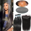 32 inch Bone Straight Hair Bundles With HD Lace Frontal Melt Skins Brazilian Human Hair Extension HD Lace Closure With Bundles 1