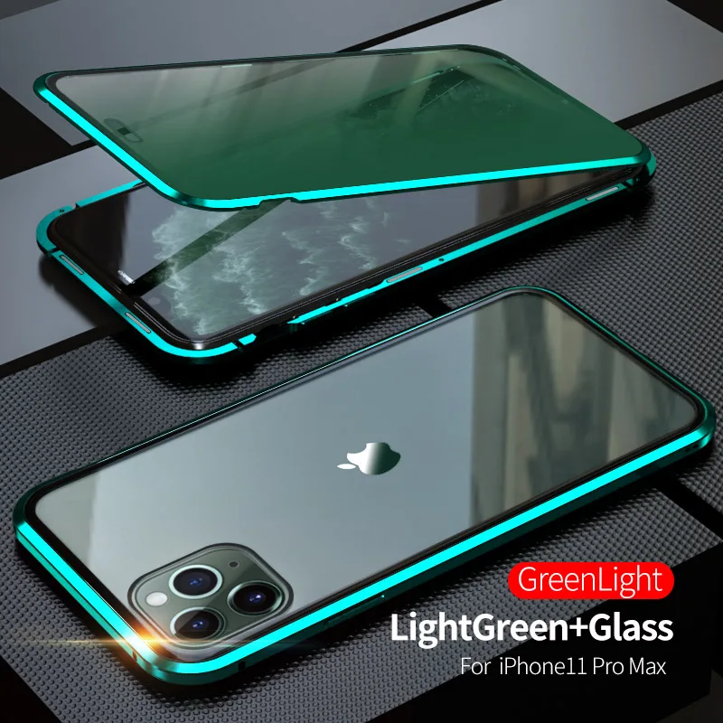Двухсторонний стеклянный Магнитный чехол для iphone 11 Pro Max 360 металлический магнитный Кристальный зеленый чехол для телефона чехол для iphone 11 Pro Fundas - Цвет: Светло-зеленый