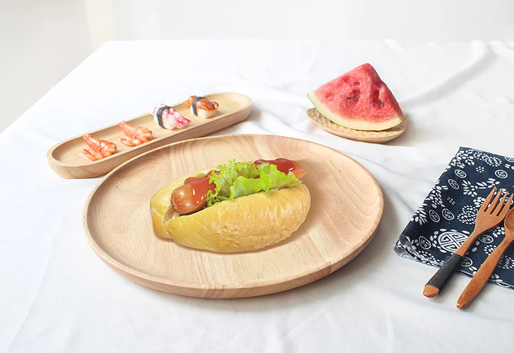 Rubber Wood Round Japanese Dinner Plate Rectangle Serving Tray Beef Steak Fruit Snack Tray Restaurant Food Cutlery Storage Plate