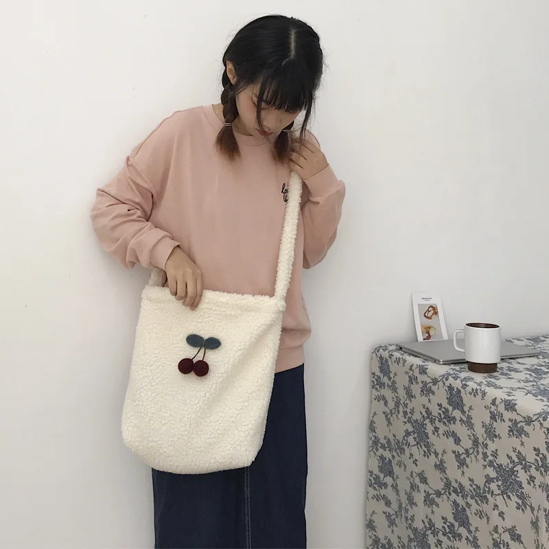 Простая элегантная плюшевая сумка для девочек из овечьей шерсти, милые вишневые Эко сумки через плечо, кошельки, Повседневные Сумки для дам, сумка для покупок