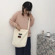 Простая элегантная плюшевая сумка для девочек из овечьей шерсти, милые вишневые Эко сумки через плечо, кошельки, Повседневные Сумки для дам, сумка для покупок