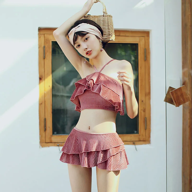 

South Korea Bikini Split Type Two-Piece Bathing Suit Skirt--Small Bust Gathering Flounced Swimwear