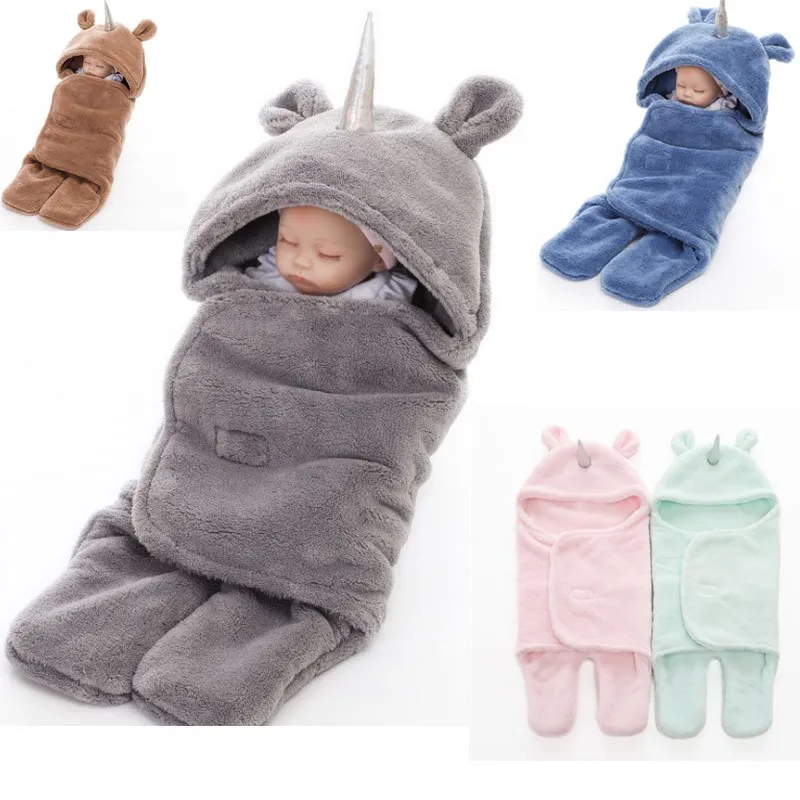 

0-12 Month Unicorn Baby Sleeping Bag Envelope For Newborn Baby Winter Swaddle Blanket Wrap Cute Sleeping Bags Solid Baby Bedding
