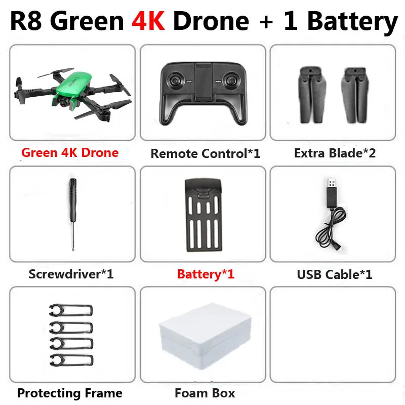 R8 1808 Drone with Dual Camera 1080P 4K PX1600W HD WiFi FPV Optical Flow Automatic Beauty RC Quadcopter Helicopter XS816 SG106 - Цвет: 4K Green 1B Foam Box