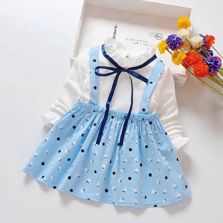 Весеннее платье для маленьких девочек, хлопковое детское платье в клетку с длинными рукавами, модная детская одежда - Цвет: Blue Dot