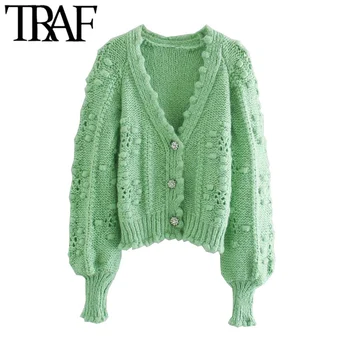 

TRAF Women Fashion Textured Weave Cropped Knitted Cardigan Sweater Vintage Long Sleeve Button Female Outerwear Chic Top