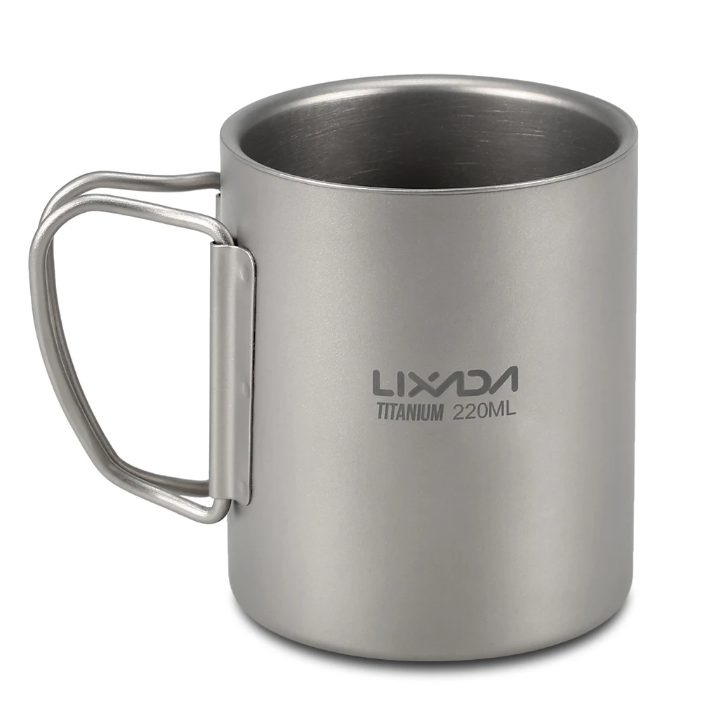 

Lixada 220ml / 450ml Titanium Double Wall Cup Camping Picnic Water Coffee Tea Cup Mug Tableware with Foldable Handle
