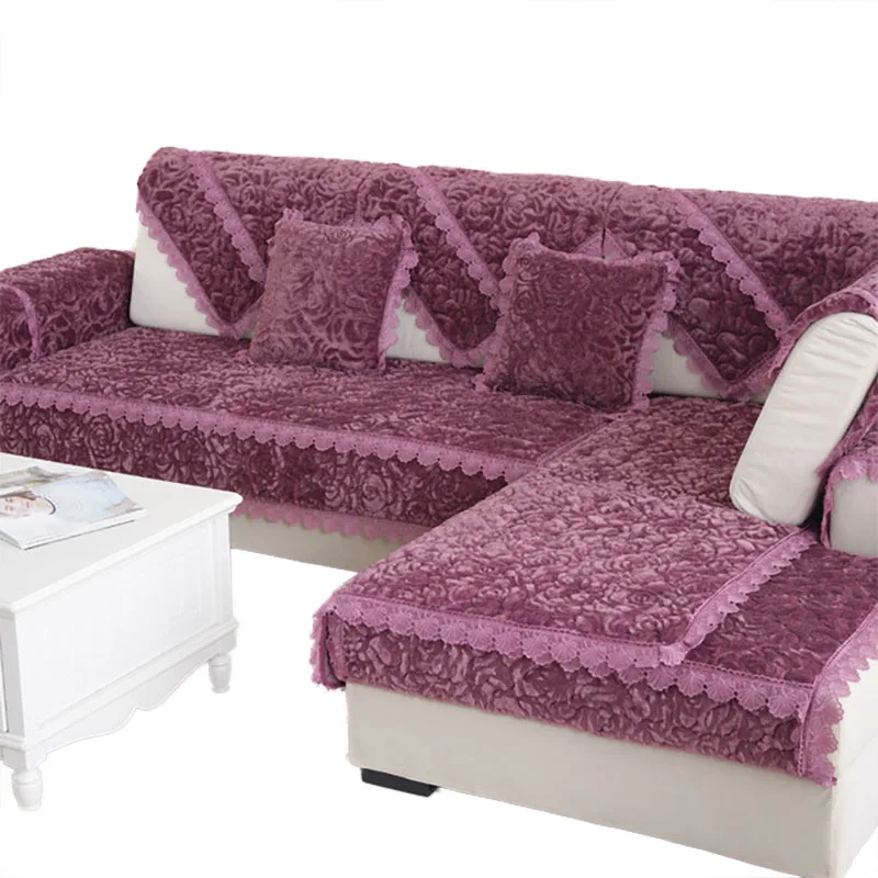 Purple Европейские Роскошные Чехлы для диванов для гостиной, секционный плюшевый чехол, Кружевной декор, угловой чехол для дивана, полотенце, защитная мебель для дома - Цвет: Purple