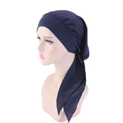 Muslim Women Print Cotton Turban Hat Headscarves Pre-Tied Cancer Chemo Headwear Bandanas Headwrap Caps Navy