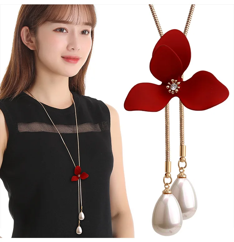 BYSPT циркониевое черное розовое длинное ожерелье с цветком цепочка для свитера модная металлическая цепочка Хрустальный цветок кулон ожерелье - Окраска металла: red