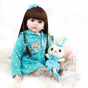 

24Inch 60CM Cloth Body Reborn Doll Soft Silicone Vinyl Newborn Dolls Brown Long Hair Girls Playhouse Toys Best Gift For Children