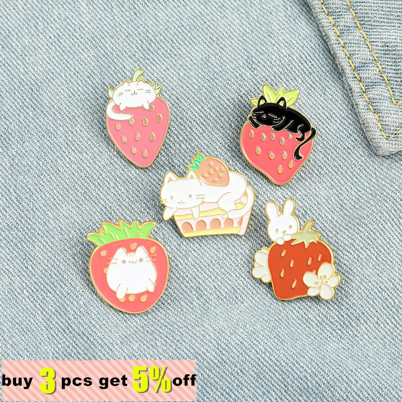 Strawberry Cat Custom Enamel Pin Sweet Cake Bunny Badges Rabbit Kitty Brooches Animal Lapel Badges Children Kids Gifts Wholesale