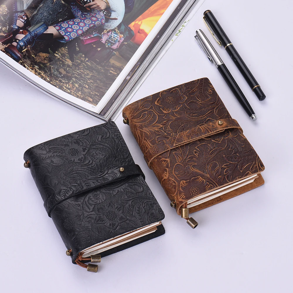 

Embossed Vintage Pattern Journal Travel Notebook Lined Blank Grid Paper Diary Refillable Notepad Gift for Writing & Sketching