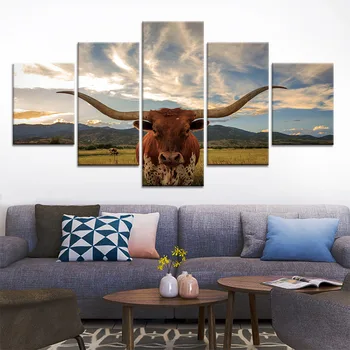 

5 Panel Texas Longhorn Cattle Picture Decoration Home Wall Art Posters And Prints Picture Giclee Artwork Canvas Paintings