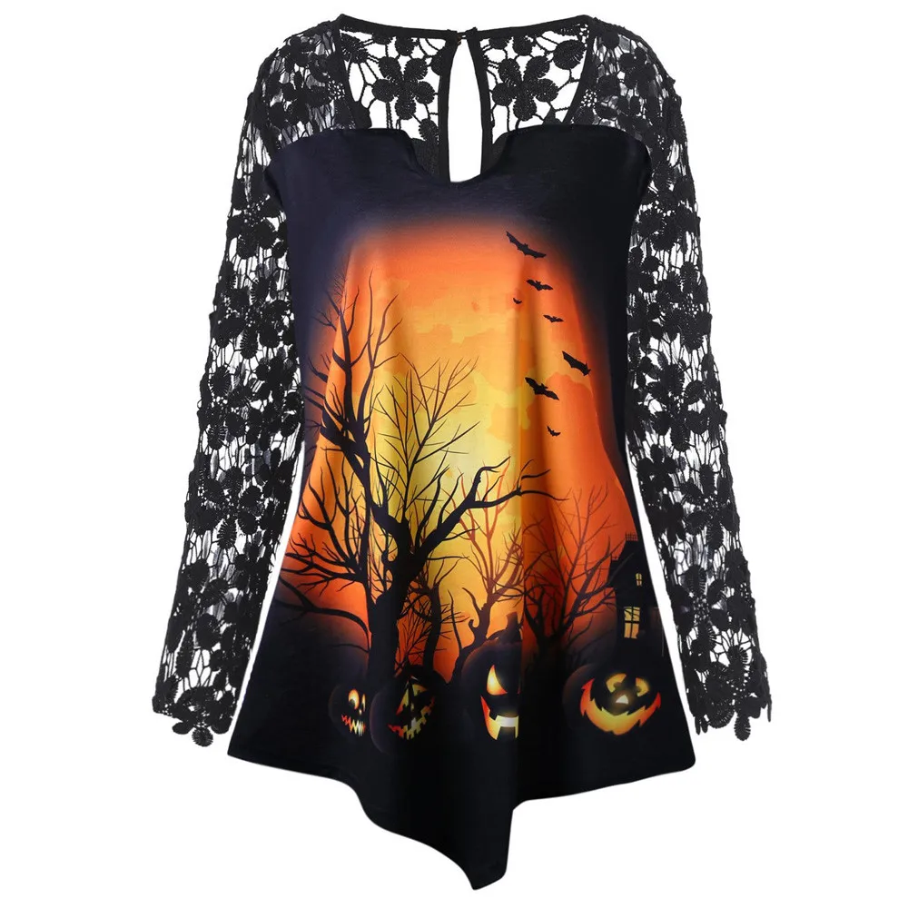 

JAYCOSIN Fashion Women Halloween Pumpkin Sweatshirt Casual Simple O-Neck Patchwork Asymmetrical Lace Comfortable Jumper Blouse