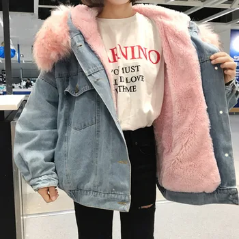 

With Fur Collar Long Hooded Denim Jacket Jackets Women Winter Hardy Warm Denim Coats Jackets Female Plus Size Loose Outerwear