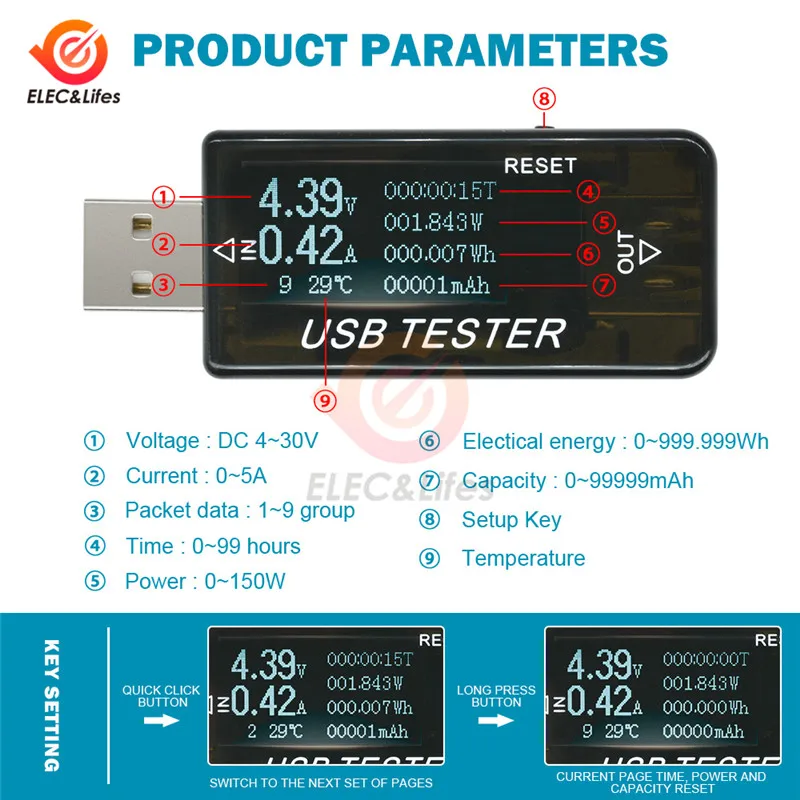 4-30 в 8 в 1 QC2.0 QC3.0 ЖК-USB Вольтметр Амперметр Электропитание емкость напряжение Измеритель Тока Тестер монитор