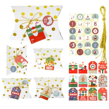 

24Set Christmas Gift Boxes Creative Polka Dot Stripe Bronzing Candy Boxes Gift Packing Pillow Cookies Boxes with Stickers Tags